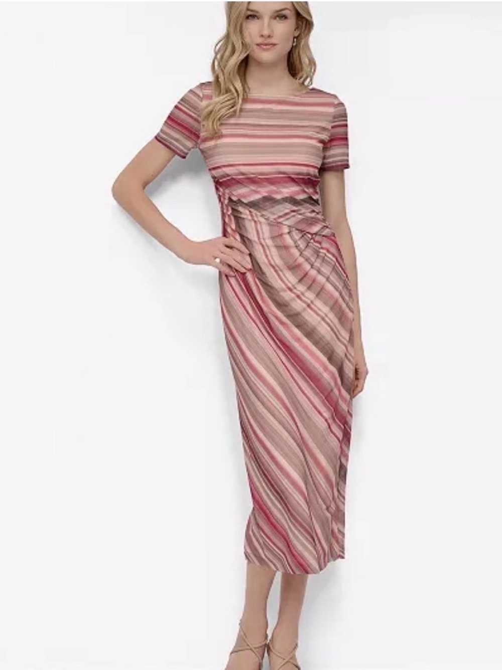 Donna Karan Pink Striped Twist-Waist Midi Dress